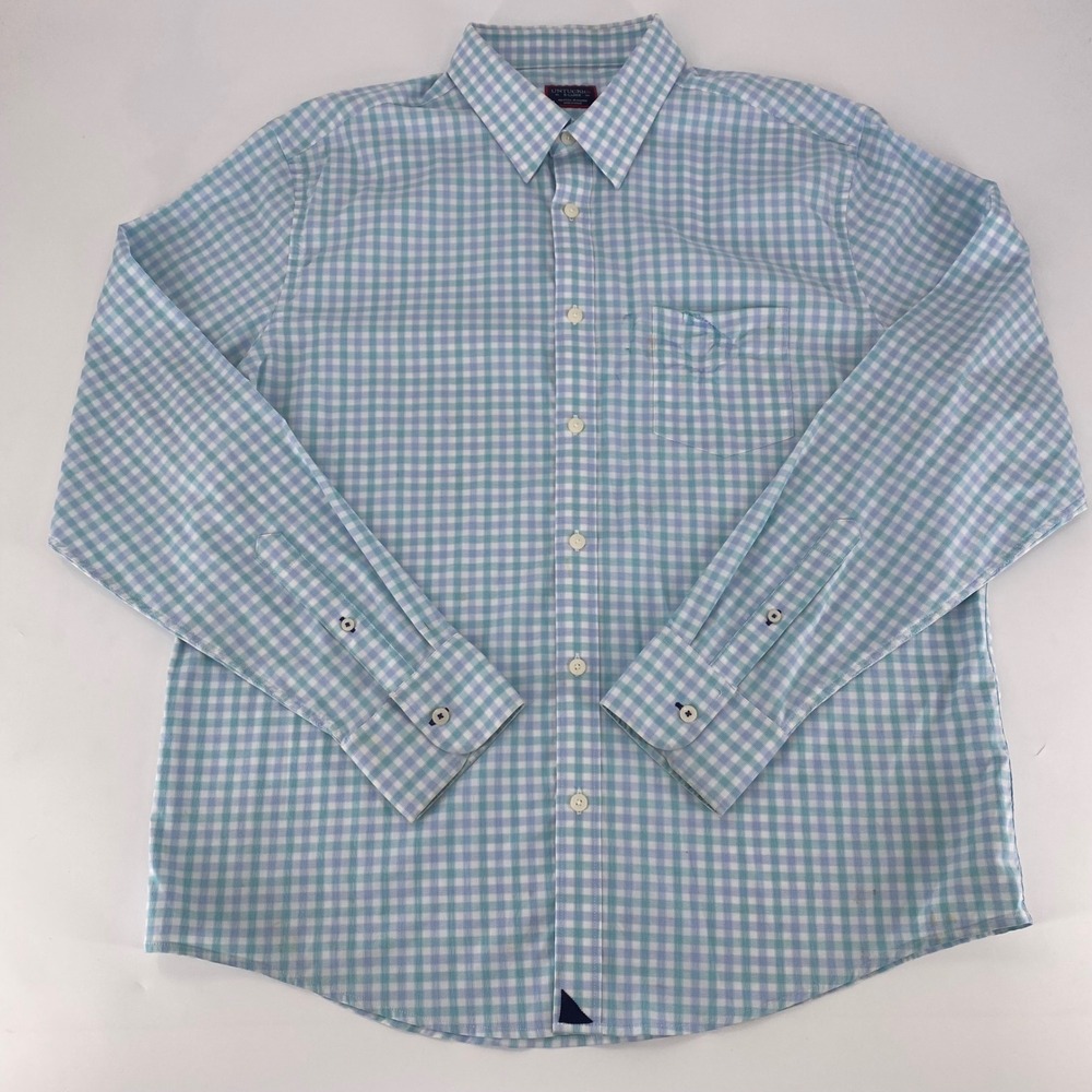 UNTUCKit Mens XL Performance Gingham Shirt Teal Purple Plaid Stretch Button Down
